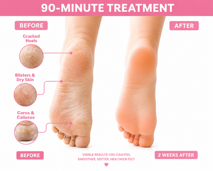 Before and after treatment of cracked heels, blisters, dry skin, and corns on feet with a 90-minute treatment.